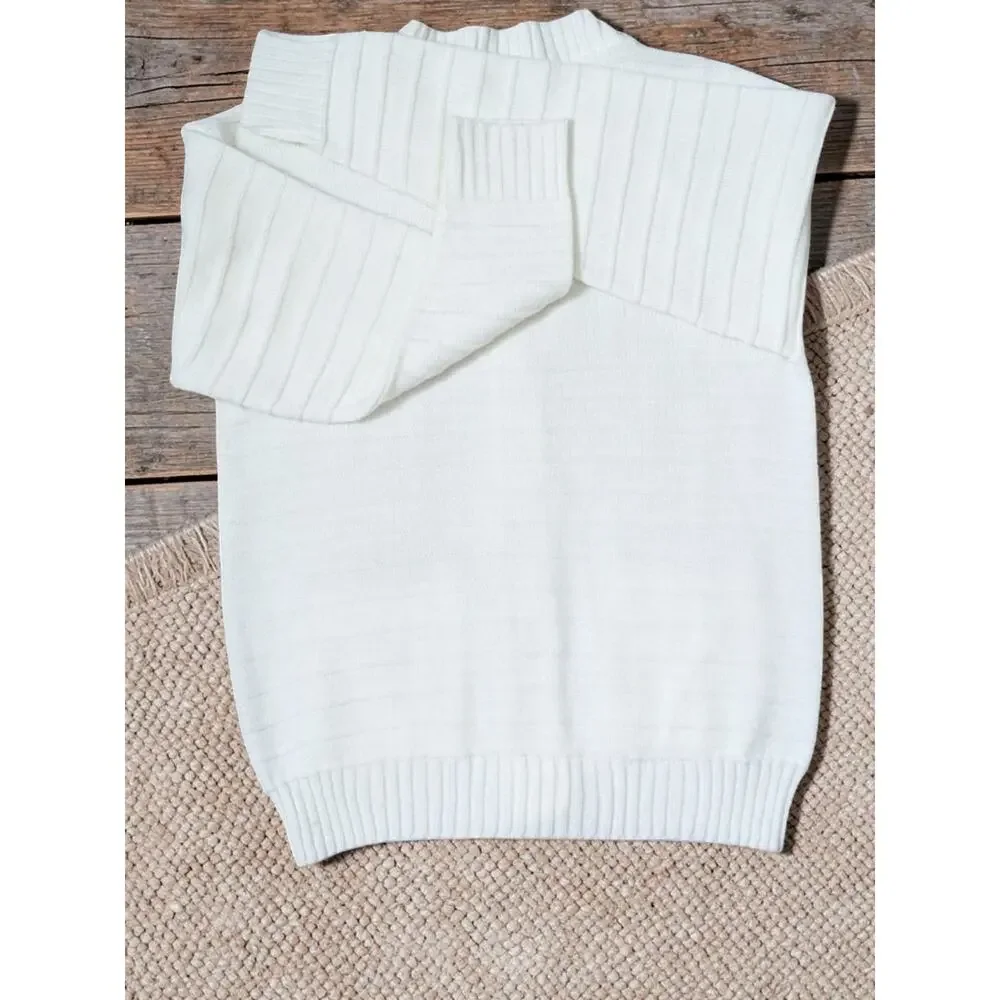 VINTAGE 70's 60's White Ribbed Knit Sweater Cardigan With Pockets S M